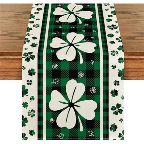 Green Clover Buffalo Plaid Shamrocks St.Patrick's Day Table Runner - Picture 1 of 7
